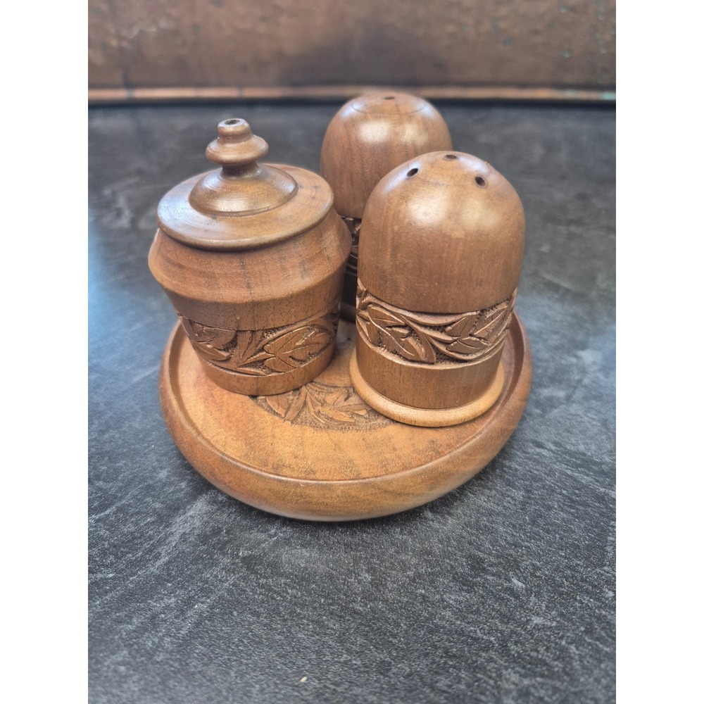 Vintage India Hand Carved Wood Salt Pepper Shakers Condiment Set With Tray Gift